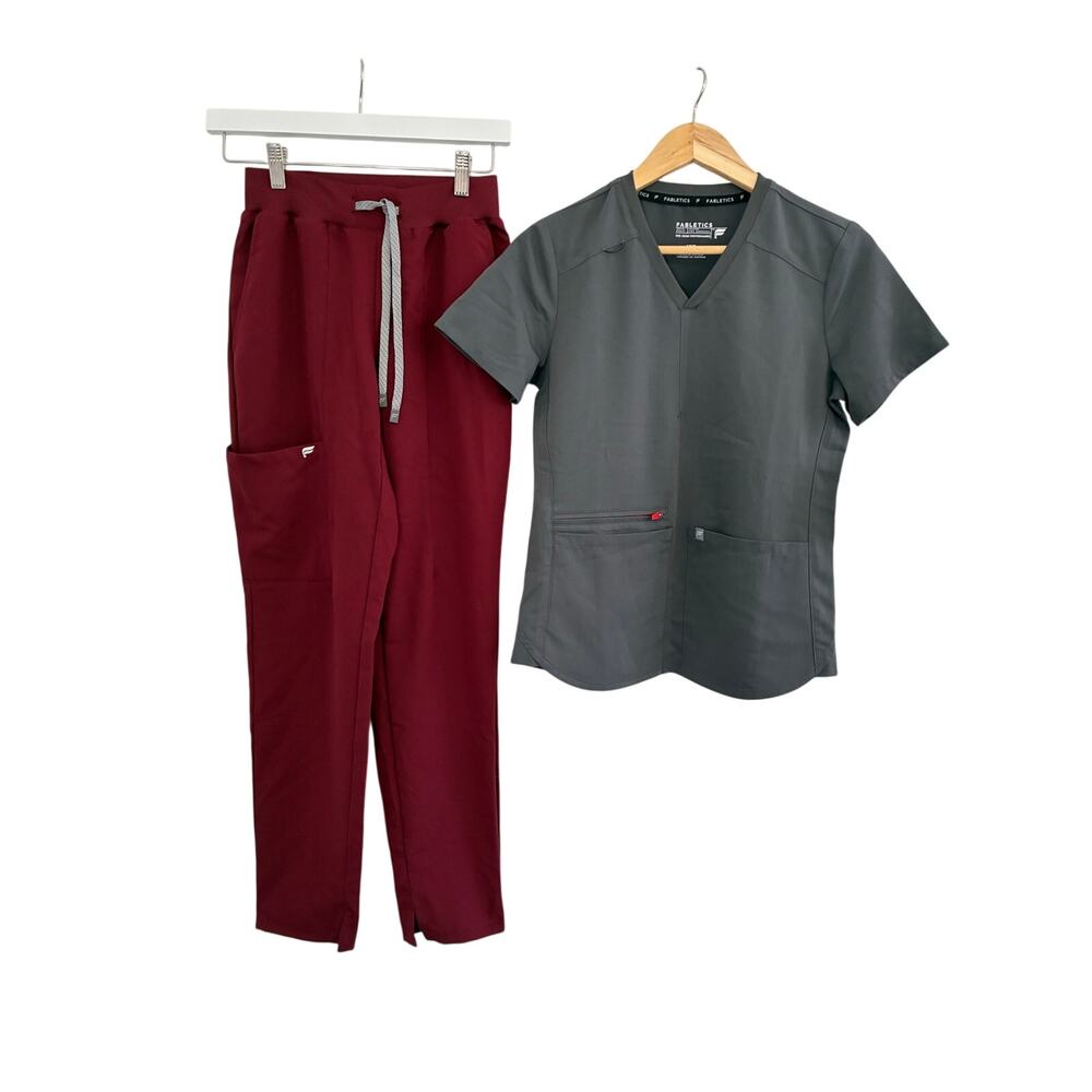 NWT Fabletics Womens XXS Scrub Pants Wine & Gray XXS Mode Scrub Top READ